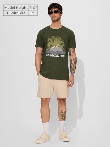 The Souled Store Official Disney: Bare Necessities Men and Boys Short Sleeves Round Neck Green Graphic Printed Regular Fit Cotton T-Shirts