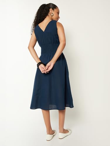 Max Women Solid A-line Dress (Blue_L)