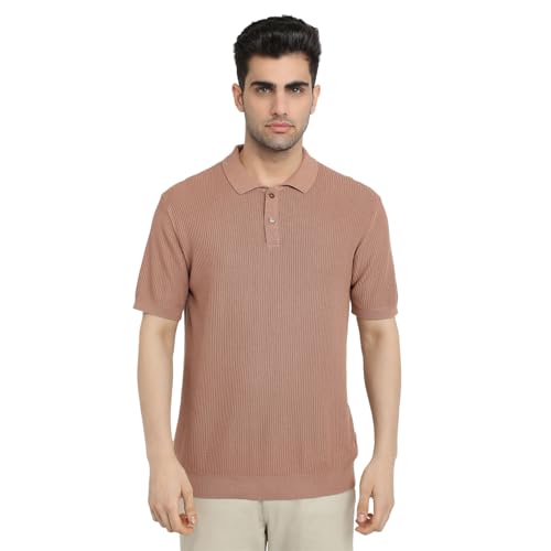 Park Avenue Men Slim Fit Structure Pattern Pure Cotton Half Sleeve Polo Neck Casual T-Shirt (Size: 40)-PCKB01463-E4 Medium Orange