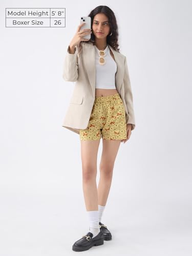 The Souled Store Winnie The Pooh: Bear-y Good Women and Girls Yellow All Over Printed Regular Fit Above The Knee Length Cotton Boxer Shorts