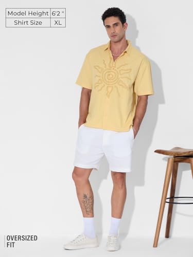 The Souled Store Oversized Shirt: Solar Men and Boys Short Sleeves Collared Neck Button Front Yellow Embroidered Cotton Oversized Holiday Shirts