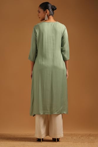 Soch Womens Sap Green Muslin Floral Kurta with Machine Embroidery and Cutdana Details