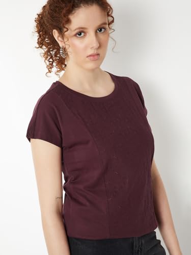 Max Women Embroidered Panel T-Shirt (Burgundy_M)