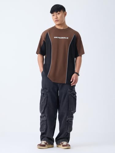 The Souled Store Brown Armour Men and Boys Short Sleeve Round Neck Brown Colourblock Casual Lightweight Drop Shoulder Streetwear Trendy Oversized T-Shirts