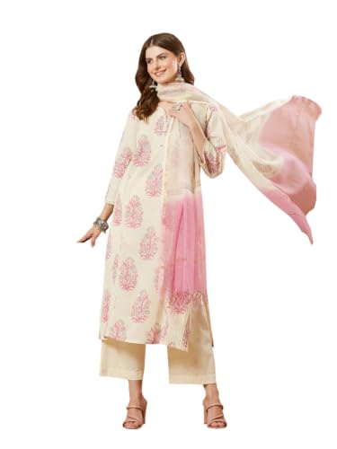 Divena Pink Floral Cotton Round Neck Kurta Sets with Dupatta