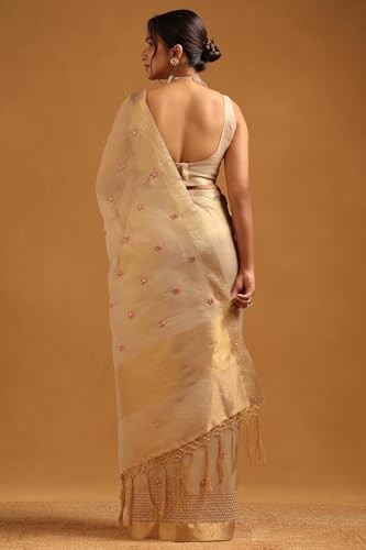 Soch Womens Beige Kota Floral Hand Embroidered Saree With Sequins
