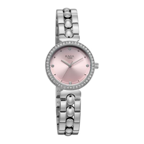 Titan Raga Showstopper 5.0 Quartz 3 Hands Round Pink Dial, Silver Strap Watch for Women - 95459SM01