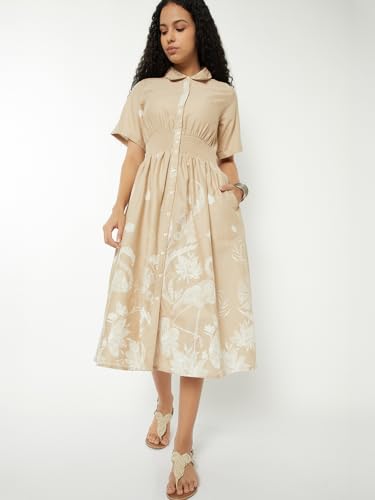 Max Women Printed A-line Shirt Dress (Beige_S)