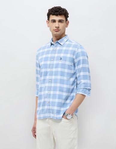 U.S. Polo Assn. Denim Co. Men's Checkered Slim Fit Shirt (UDSHT1949_Light Indigo