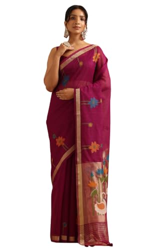 Soch Womens Wine Tissue Woven Design Saree