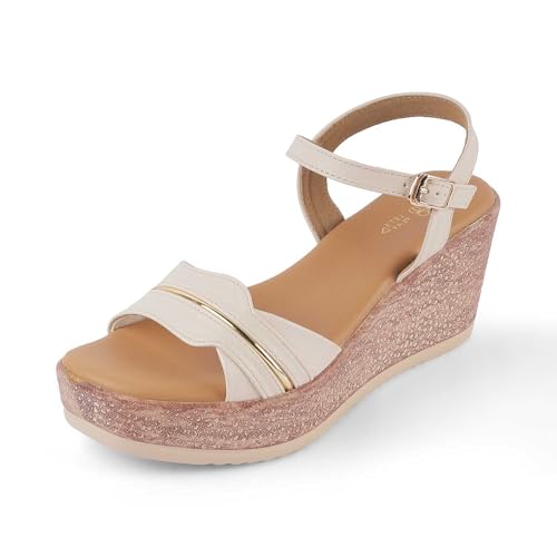 tresmode SANET Women's Wedges Sandals Platform Heels Cream, 5 UK / 38 EU - Round Open Toe Comfortable Soft Footwear - Vegan Friendly Durable