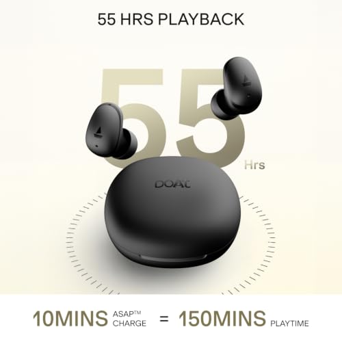 boAt Airdopes Plus 214, Up to 55 Hrs Playtime, Dual Mics with ENx™ Tech, Sleek Bean Design, 10mm Drivers, Voice Assistant, BEAST™ Mode, ASAP™ Charge, IWP™ Technology TWS Earbuds with mic(Cosmic Black)