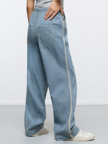 The Souled Store Winnie The Pooh: Bee Happy Women and Girls Drawstring Waist Light Blue Embroidered Cotton Straight Fit Lightweight Everyday Casual Denim Jeans