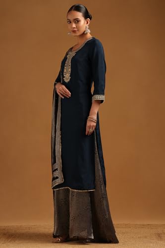 Soch Womens Navy Blue Dola Silk Embroidered Salwar Suit With Zari