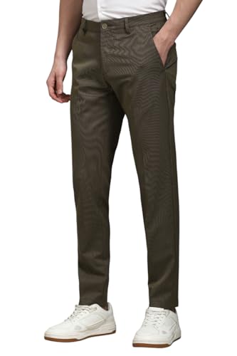 Men Olive Slim Fit Stripe Flat Front Casual Trousers