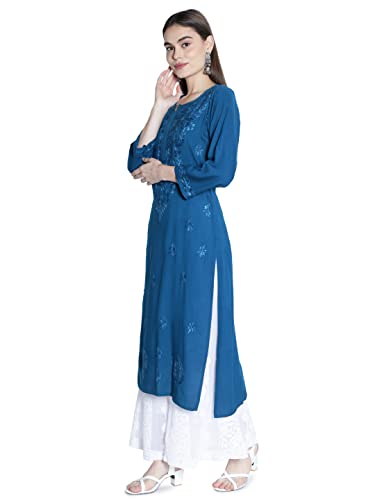 Seva Chikan Hand Embroidered Turquiose Blue Cotton Blend Lucknowi Chikankari Women's Kurta Kurti -(4114_ Turquiose Blue_2XL)