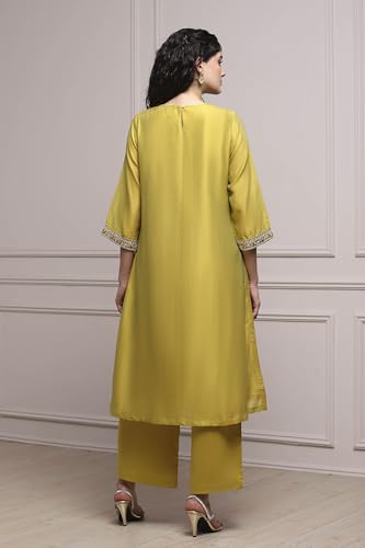 Biba Women Lime Green Chanderi Straight Dyed Suit Set_42