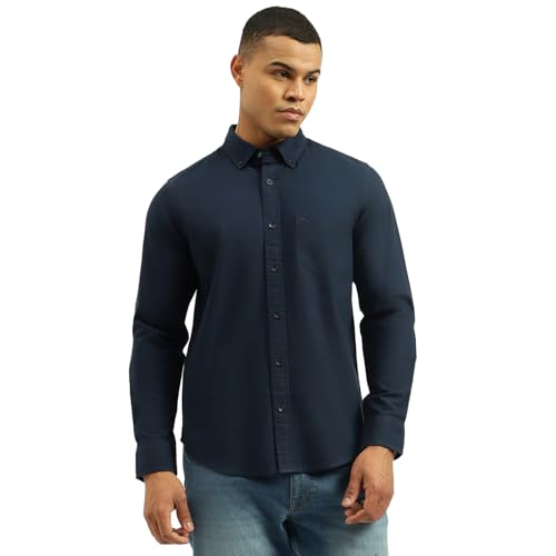 United Colors of Benetton Regular Fit Button Down Collar Solid Shirt (Size: M)-25A5SO350PLNI901 Blue