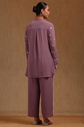 Soch Womens Purple Rayon Crepe Embroidered Co-Ord Set With Thread Work