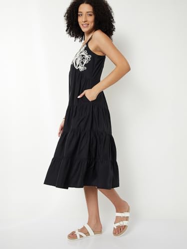 Max Women Embroidered Tiered Midi Dress (Black_XS)