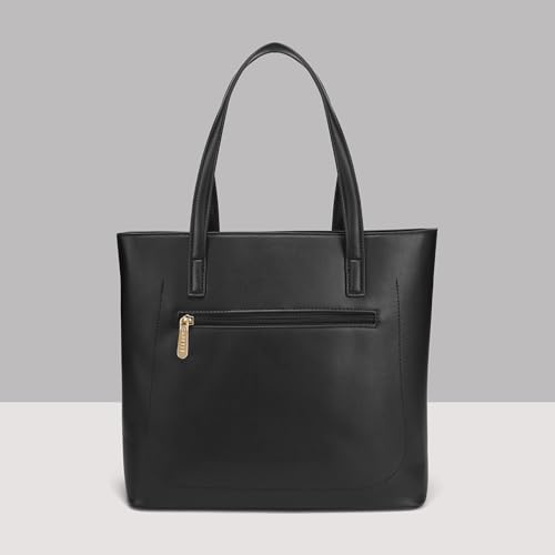 Caprese Elsa Large Tote Bag for Women Comfortable Shoulder Strap | Elegant Floral Embroidery & Solid Faux Leather Handbag | Spacious Multi-Compartment Shoulder Bag for Work & Travel (Black)