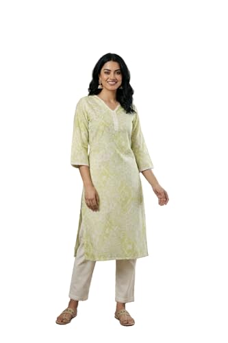 W for Woman Lime Green Lace Floral Printed Pure Cotton Straight Kurta - (W14164-127680-XXL)