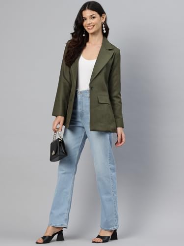 Cottinfab Women Olive Green Solid Single-Breasted Long Sleeves Formal Blazer