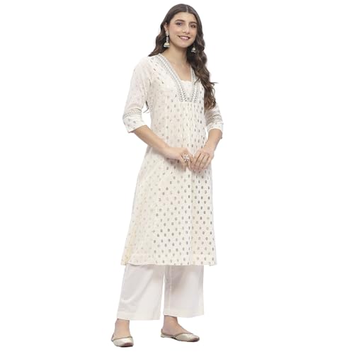 Biba Women Off-White Cotton Printed Gathered Suit Set_44