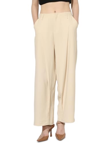 ONLY Women's Solid Regular Fit High-Rise Beige Pants