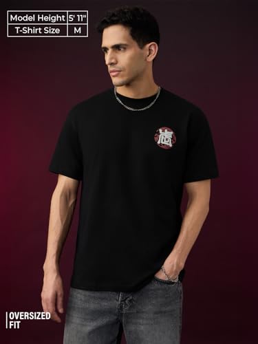 The Souled Store Kung Fu Panda: Glow Po Men and Boys Short Sleeves Round Neck Black Graphic Printed Dragon Graphic Casual Drop Shoulder Cotton Oversized T-Shirt