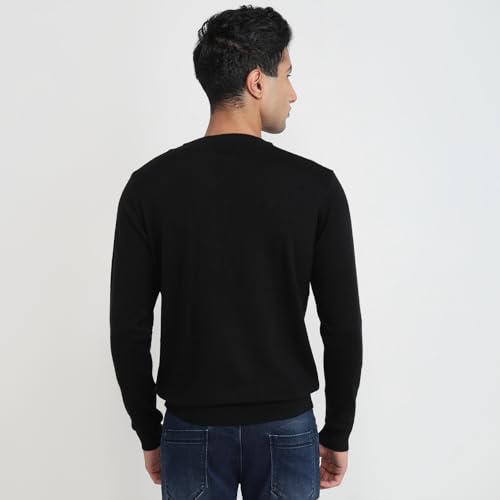 Raymond Men Regular Fit Wrapper Pattern Merino Wool Acrylic Blend Full Sleeve V Neck Casual Sweater Black