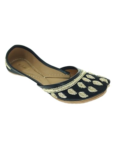 Fulkari Women's Dawka Patti Black Gold Soft Leather Embroidered Jutis | Bite and Pinch Free Jutti | Punjabi Formal Juttis | Girl's Wedding Flat Ladies Mojari | Formal Ethnic Juti | 42