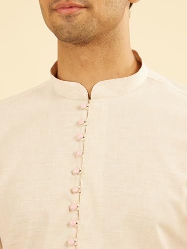 Manyavar Men's Cotton Blend Pastel Floral Prints Short Kurta (Beige,XL)
