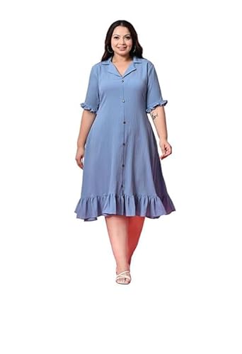 PrettyPlus by Desinoor.com Midi Dress for Women | Stylish Long Women Western Frock | Knee Length Crinkled Midi | Fit & Flare Solid Desk to Dinner Dress | Dresses for Girls | Vacation Outfit Sky Blue