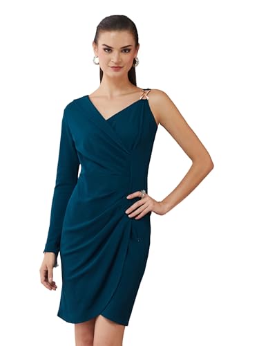 Miss Chase Womens Asymmetric Shawl Collar Asymmetric Bodycon Above-Knee Dress (MCAW25D86-12-83-04, Teal, M)