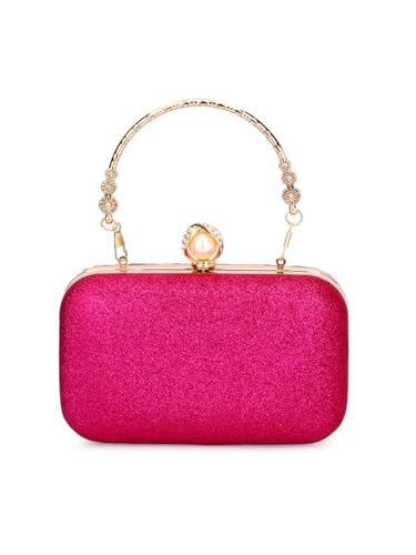 TOOBA Hot Pink Glitter Clutch Bag for Women – Elegant Party Purse with Gold Handle & Pearl Clasp, Perfect for Weddings, Festive Looks & Evening