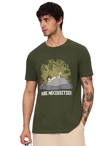 The Souled Store Official Disney: Bare Necessities Men and Boys Short Sleeves Round Neck Green Graphic Printed Regular Fit Cotton T-Shirts