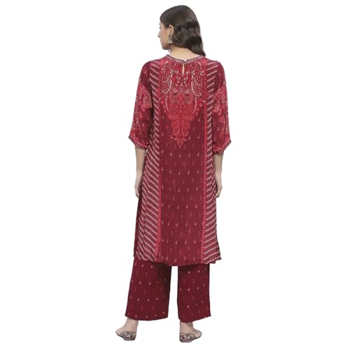 Biba Women Burgundy Crepe Straight Kurta Set_42