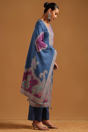Soch Womens Blue Cotton Botanical Salwar Suit With Sequins