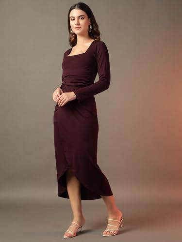 Trend Arrest.ed Women's Bodycon Midi Dress | Square Neck Wrap Style | Stretchable | Plus Size | Full Sleeve Fitted Dress for Party, Evening, Casual Outings & Date Night (D5393_Burgundy_4XL)