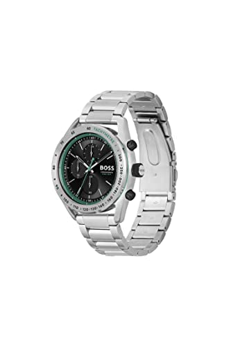 BOSS Men Center Court Qtz Fashion Chrono Black Round Dial Analog Watch|Stainless Steel Material|Silver Color Band - 1514023