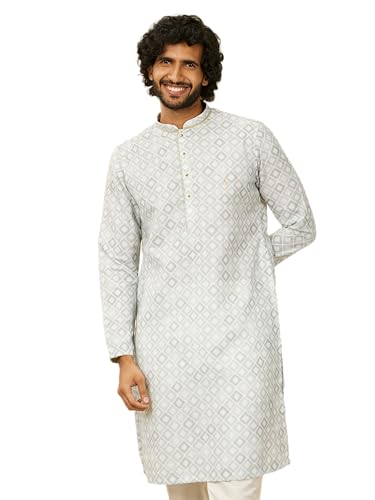 Manyavar Men's Light Mid Green Geometric Patterned Angrakha Style Kurta (XXL)