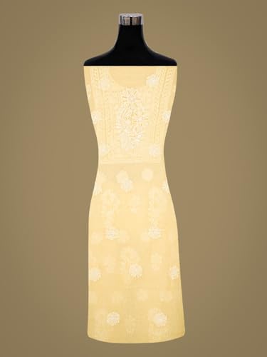 Ada Hand Embroidered Lucknowi Chikankari Unstitched Chanderi Dress Material Suit Piece with Dupatta for Women with Cutdana Work 01A871540 Yellow