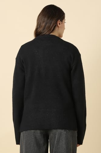 Women Black Solid Round Neck Casual Sweater