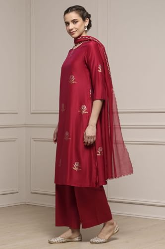 Biba Women Red Chanderi Relaxed Dyed Kurta Pants Set_32