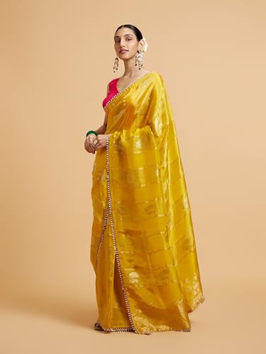 MOHEY Women's Mustard Satin Hand Embroidered|Cutdana|Stone Work Saree (Mustard)