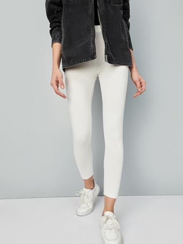 Max Women Solid Calf Length Leggings, Off White, XL