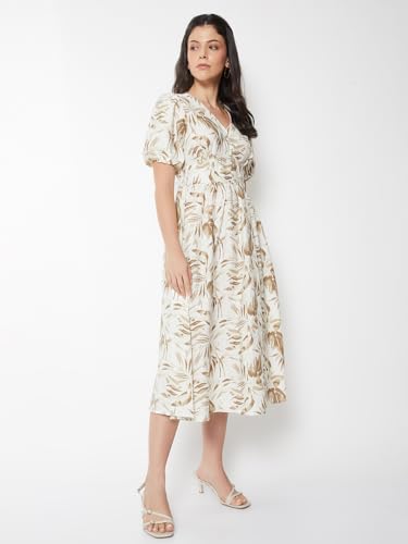Max Women Printed Fit & Flare Dress (White_M)