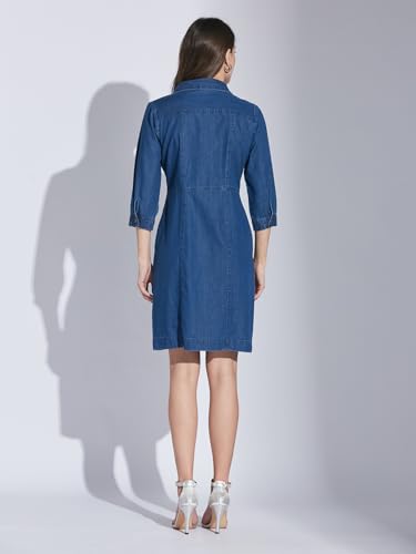 Latin Quarters Women Blue 3/4Th Sleeve Collared Solid Casual Dress_L