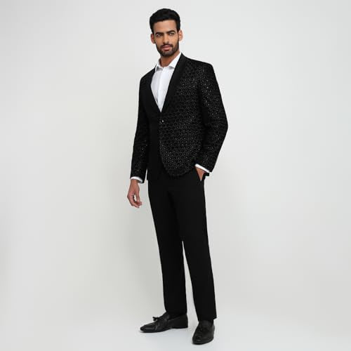 Park Avenue Men Modern Slim Fit Solid Pattern Pure Polyester Shawl Collar Full Sleeve Ceremonial Suit Black